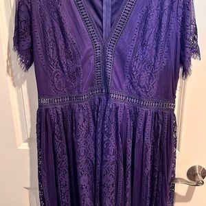 Purple floor length crochette overlay dress beautiful detail and whimsical
